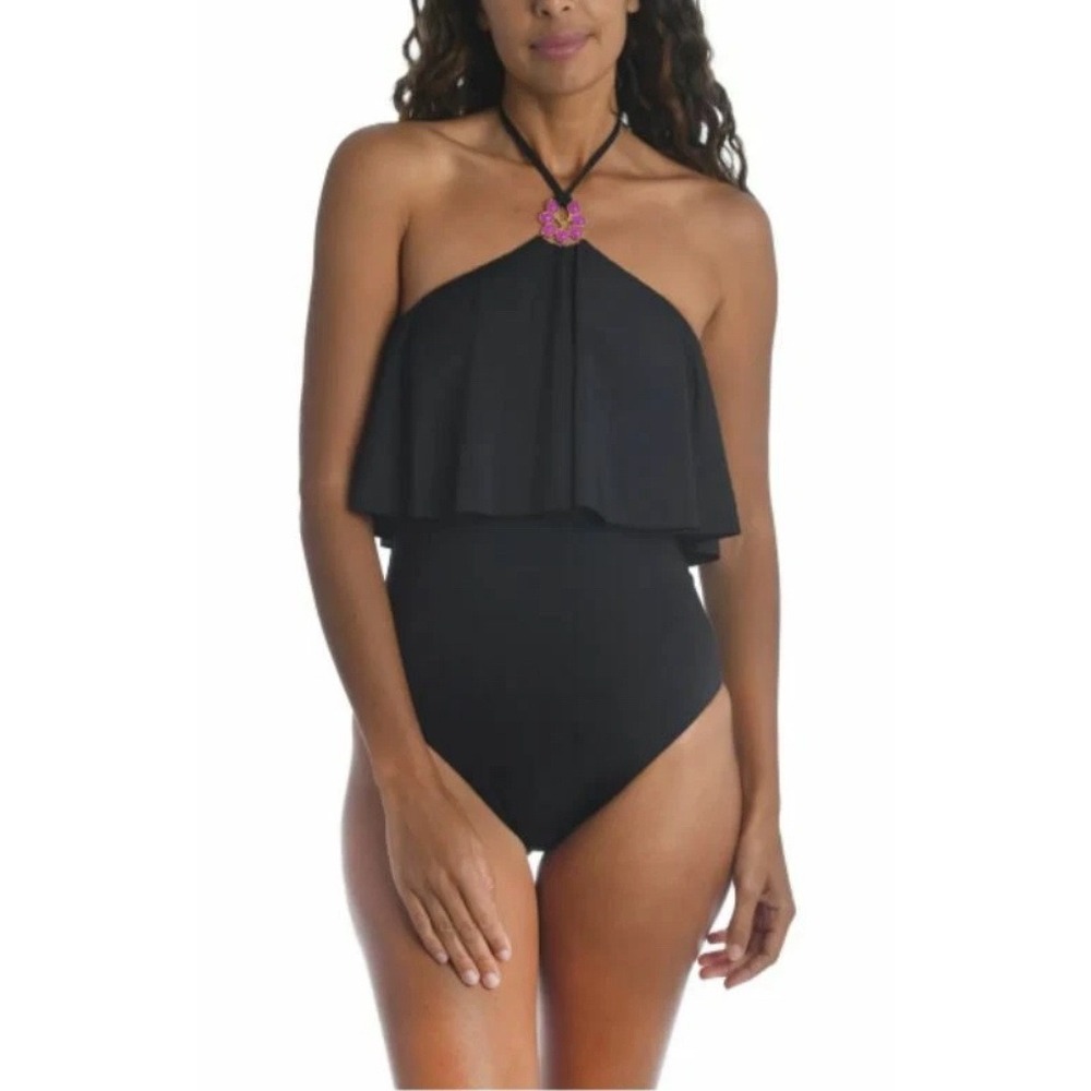 NWT TRINA TURK One Piece Swimsuit 10 Black Ruffle Halter Jeweled Resortwear